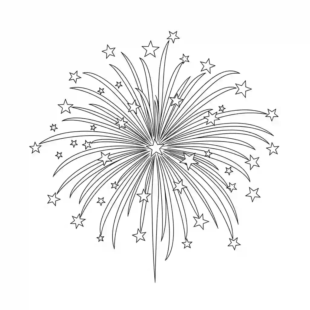 Vuurwerk Een vrolijke kleurplaat van vuurwerkexplosies met verschillende vormen en patronen.