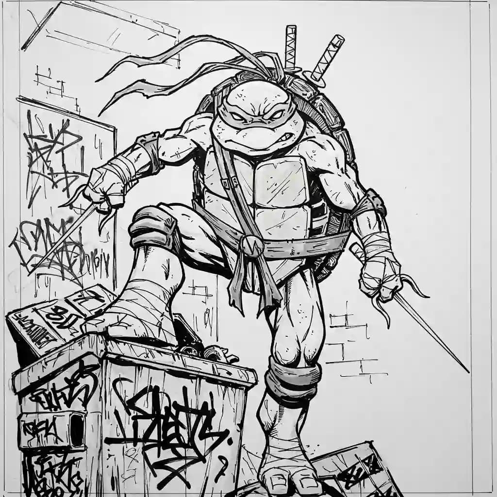 Tienermutante ninjaschildpadden Kleurplaat van tienermutante ninjaschildpadden met een avontuurlijk en speels thema om in te kleuren.