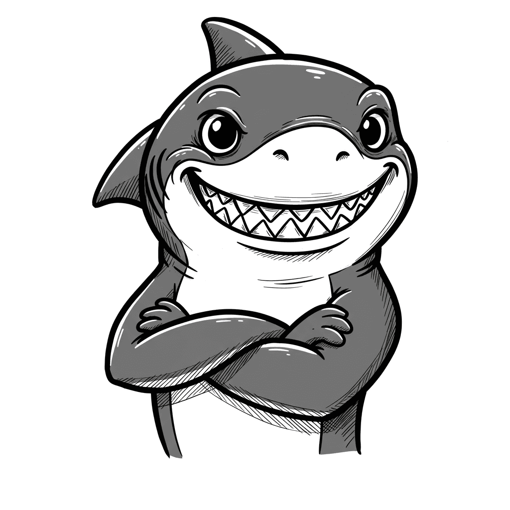 Haai Kleurplaat Zwart-witte kleurplaat van een Haai om zelf in te kleuren.
