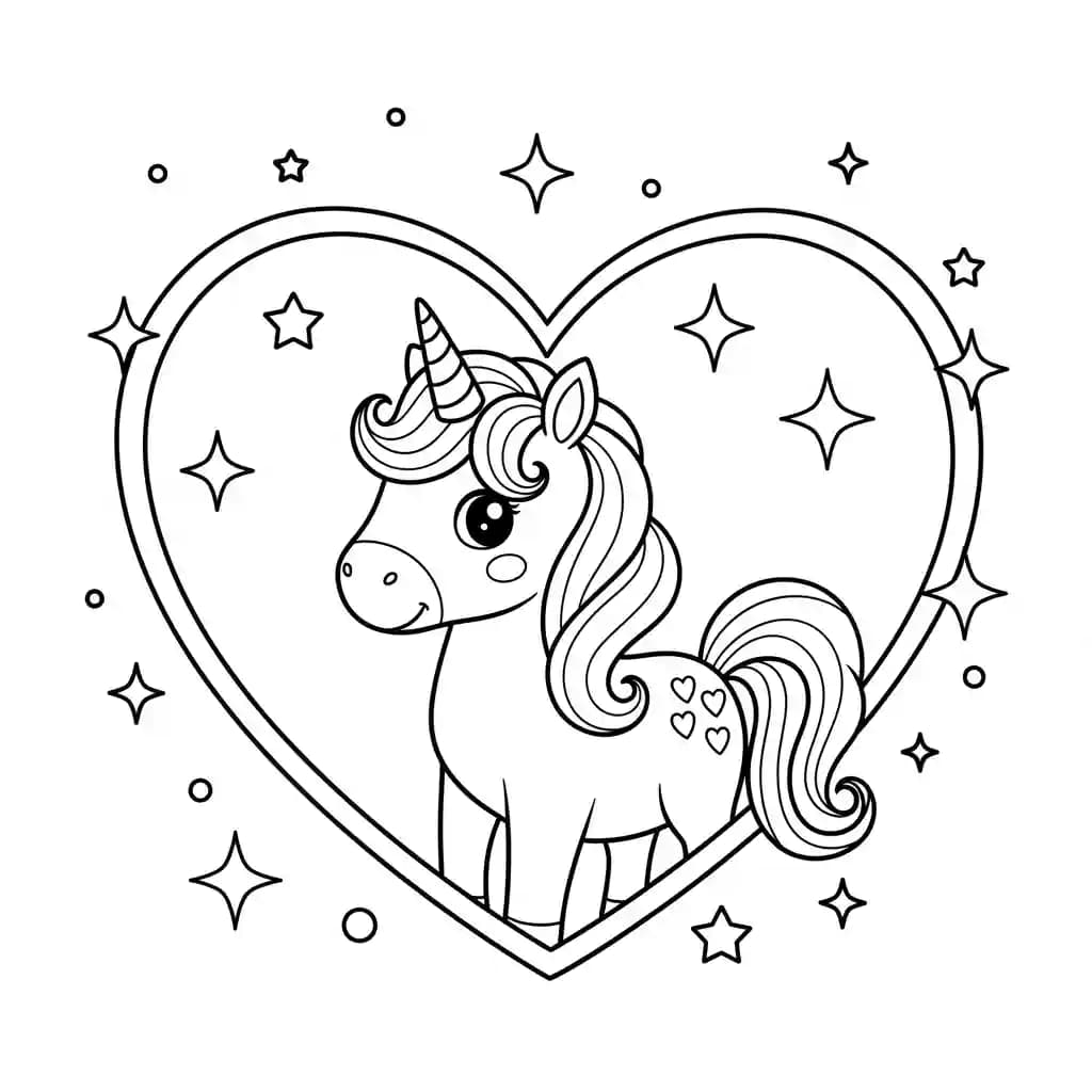Unicorn Een elegante unicorn binnen een hartvormige omlijsting met sprankels.