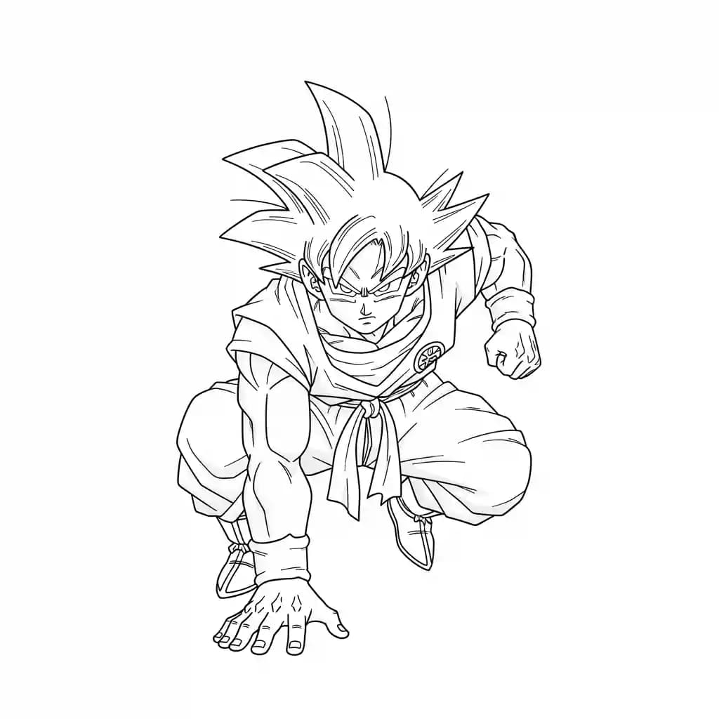 Goku kleurplaat schets kleurplaat van Goku in vechthouding met duidelijke lijnen om in te kleuren