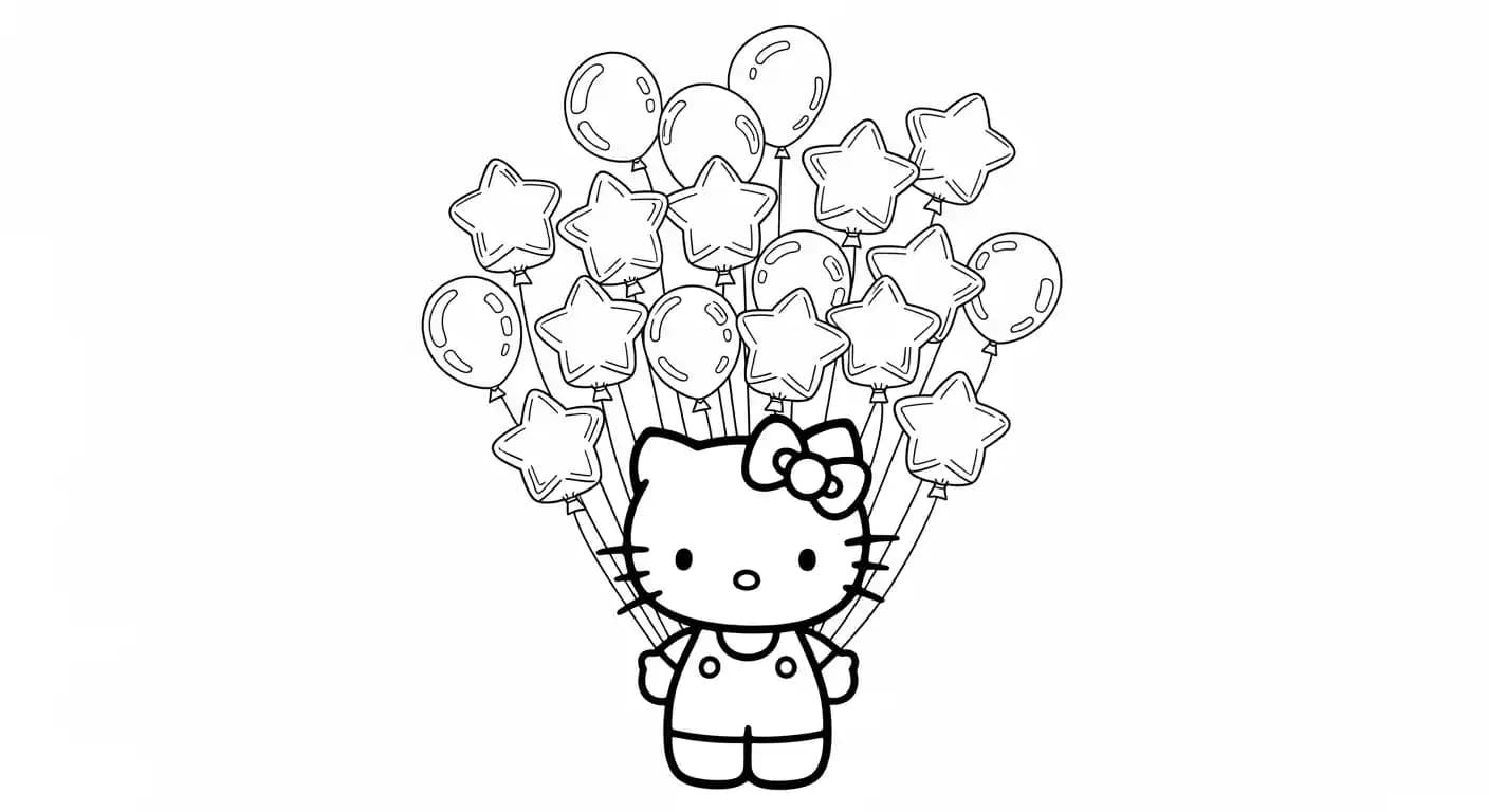 hello kitty Kleurplaat van hello kitty in een vrolijk en creatief thema om zelf in te kleuren.