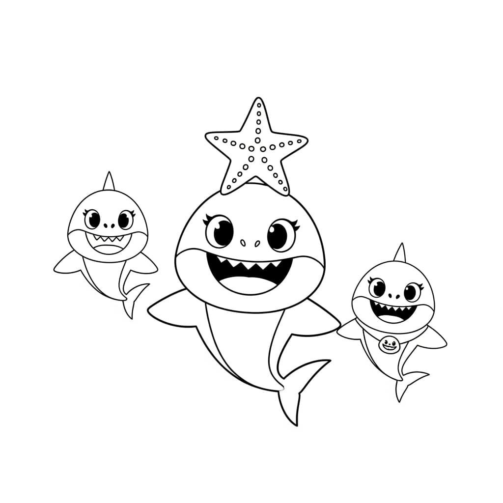 Baby Shark Leuke zwart-wit tekening van Baby Shark om zelf in te kleuren en creatief mee aan de slag te gaan.