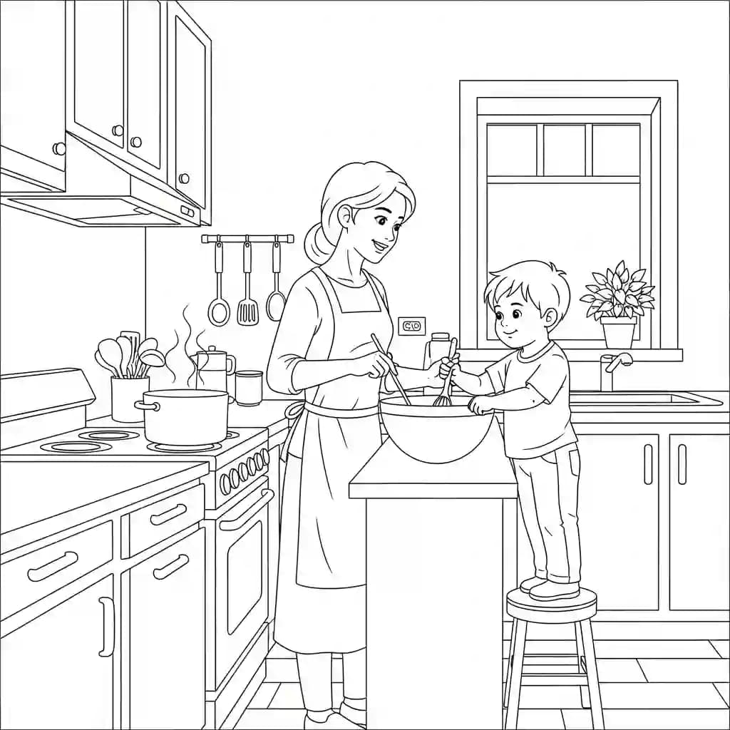 Moederdag Kleurplaat van Moederdag met een feestelijk en liefdevol thema om in te kleuren.