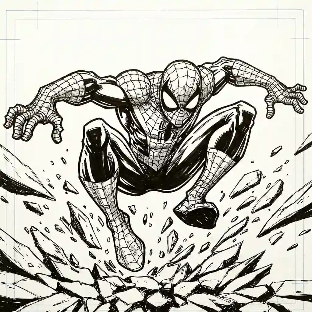 Spiderman Kleurplaat van Spiderman met een stoer superhelden thema om zelf in te kleuren.