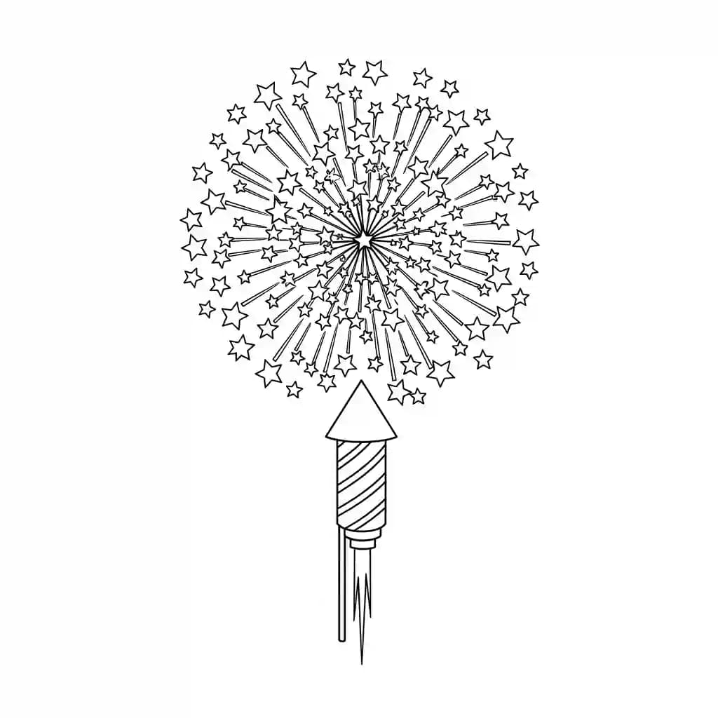 Vuurwerk Een creatieve kleurplaat van een vuurwerkexplosie met verschillende vormen en patronen.