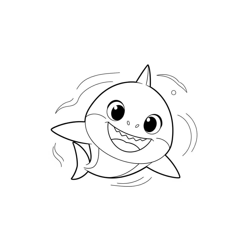 Baby Shark Vrolijke kleurplaat van Baby Shark die kinderen en volwassenen kunnen inkleuren.