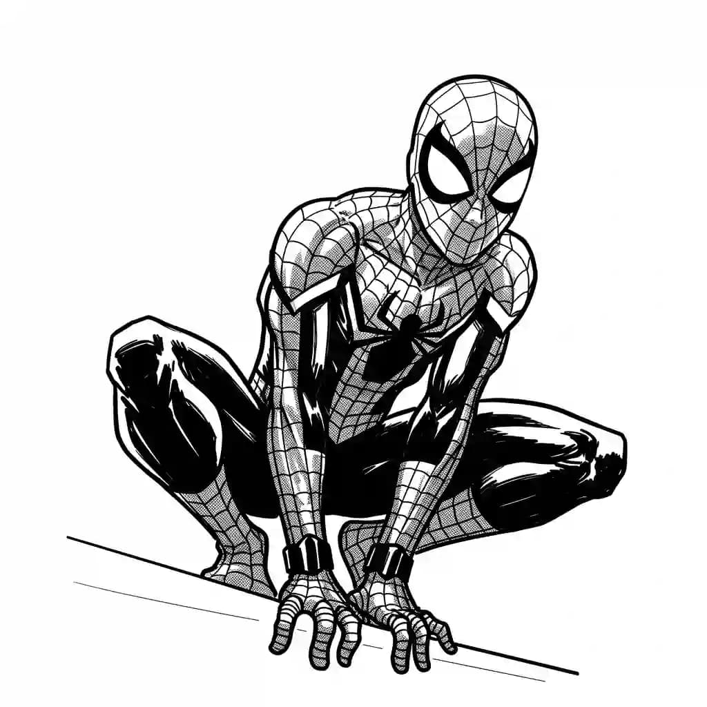 Spiderman Kleurplaat van Spiderman met een stoer superhelden thema om zelf in te kleuren.