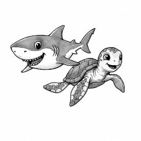 Haai Kleurplaat Kleurplaat van een zwemmende Haai in zwart-wit, klaar om in te kleuren.