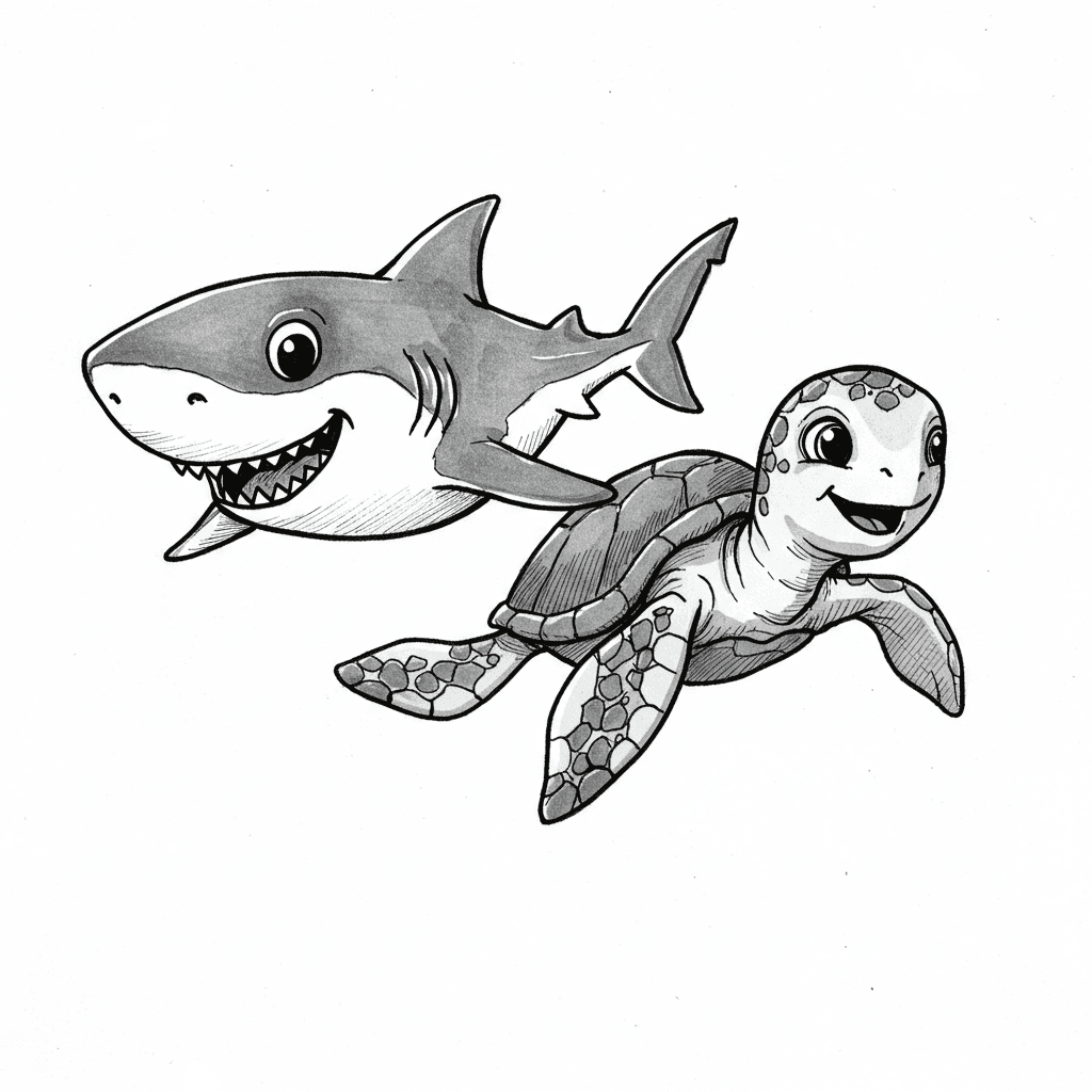 Haai Kleurplaat van een zwemmende Haai in zwart-wit, klaar om in te kleuren.