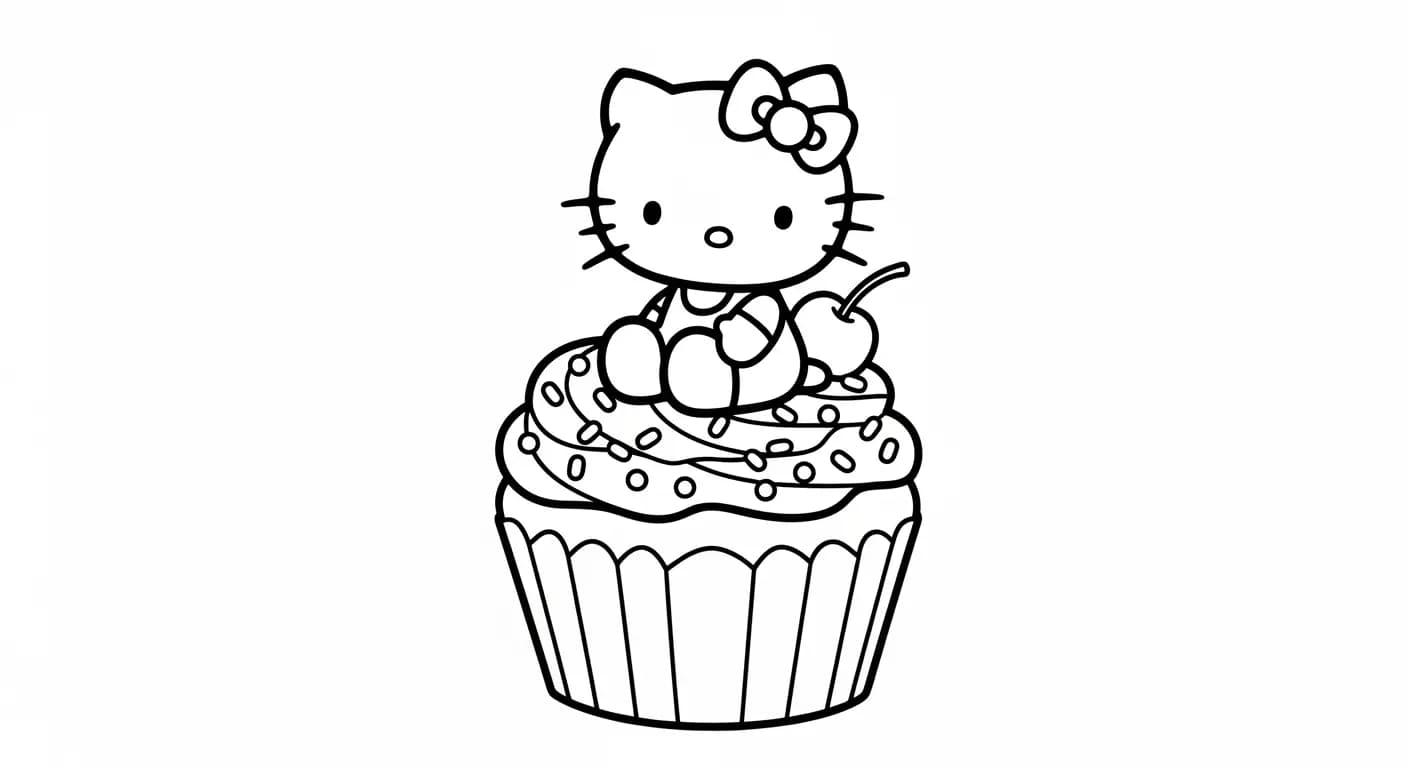 hello kitty Kleurplaat van hello kitty in een vrolijk en creatief thema om zelf in te kleuren.
