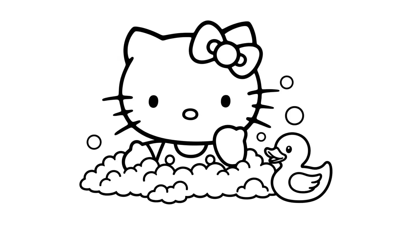 hello kitty Kleurplaat van hello kitty in een vrolijk en creatief thema om zelf in te kleuren.