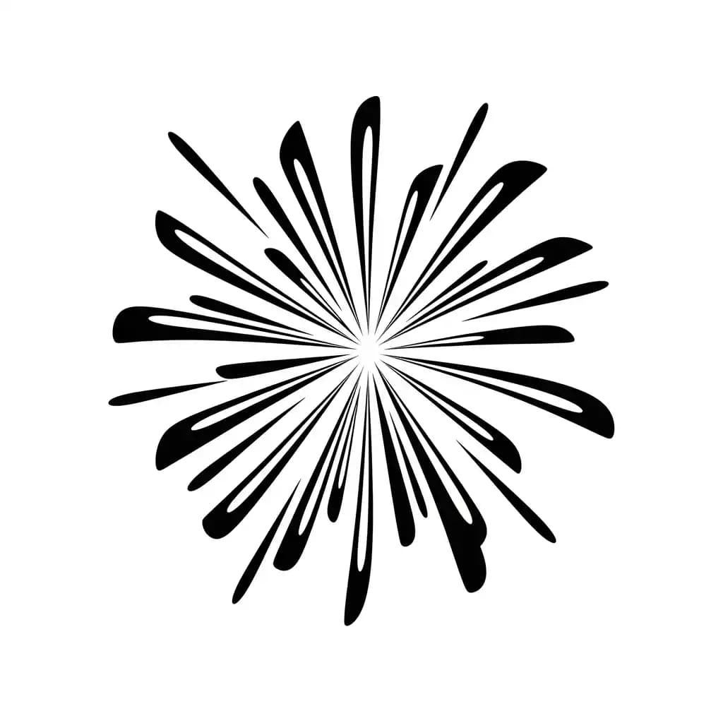 Vuurwerk Een creatieve kleurplaat van een vuurwerkexplosie met verschillende vormen en patronen.