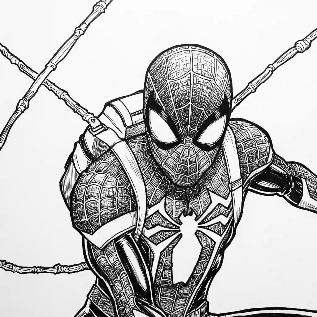Spiderman Kleurplaat van Spiderman met een stoer superhelden thema om zelf in te kleuren.