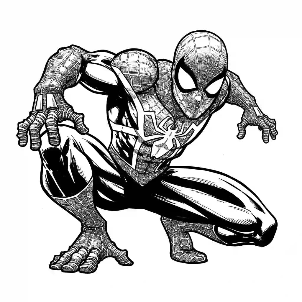 Spiderman Kleurplaat van Spiderman met een stoer superhelden thema om zelf in te kleuren.