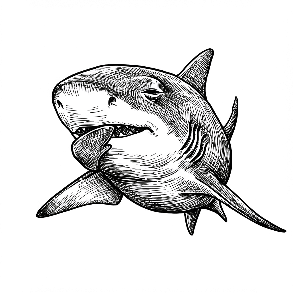 Haai Kleurplaat Zwart-witte kleurplaat van een Haai om zelf in te kleuren.