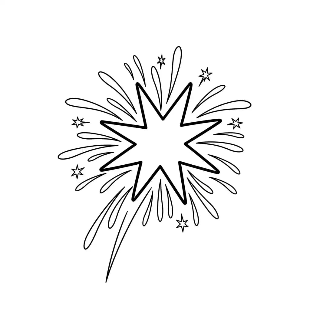 Vuurwerk Een vrolijke kleurplaat van vuurwerkexplosies met verschillende vormen en patronen.