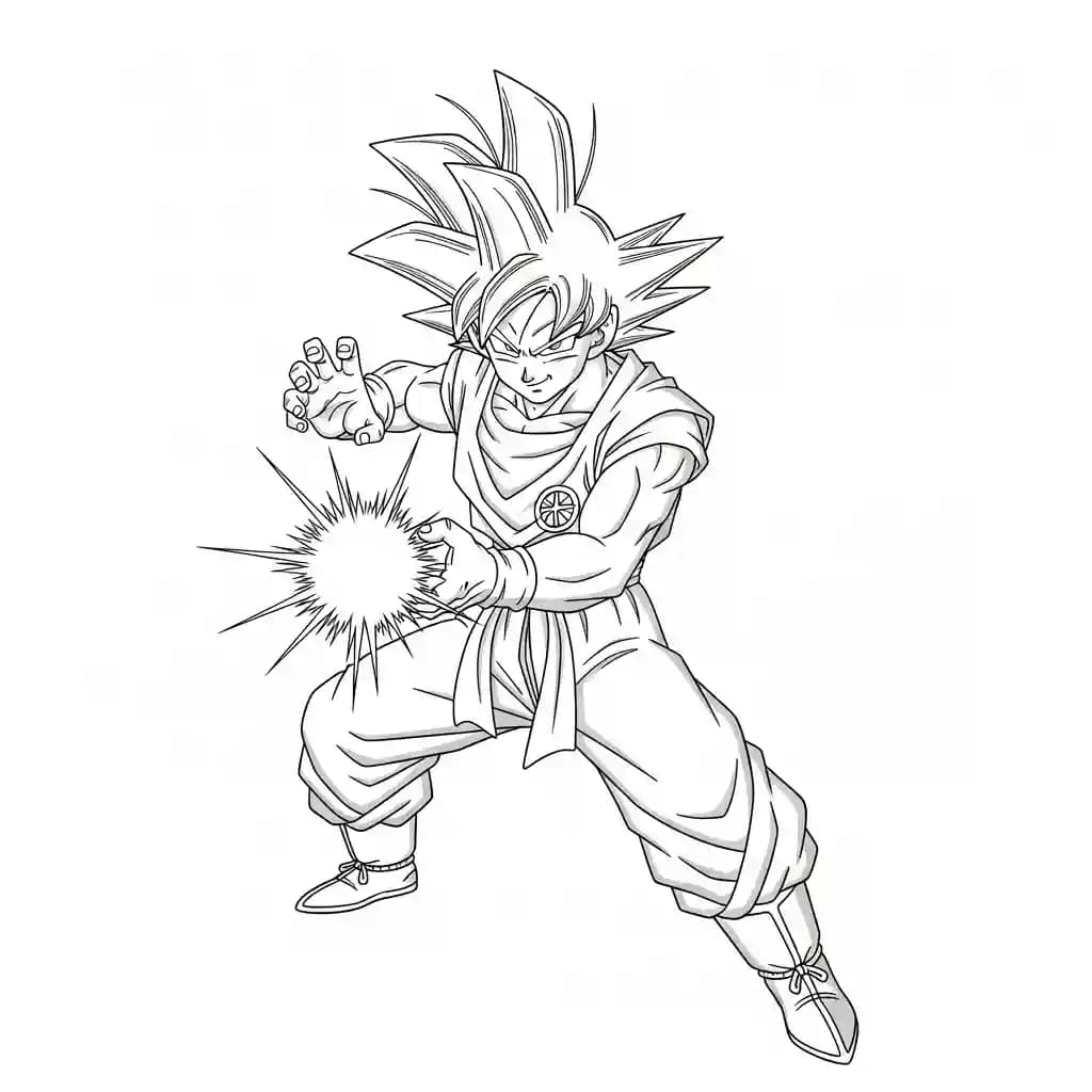 Goku kleurplaat schets kleurplaat van Goku in vechthouding met duidelijke lijnen om in te kleuren