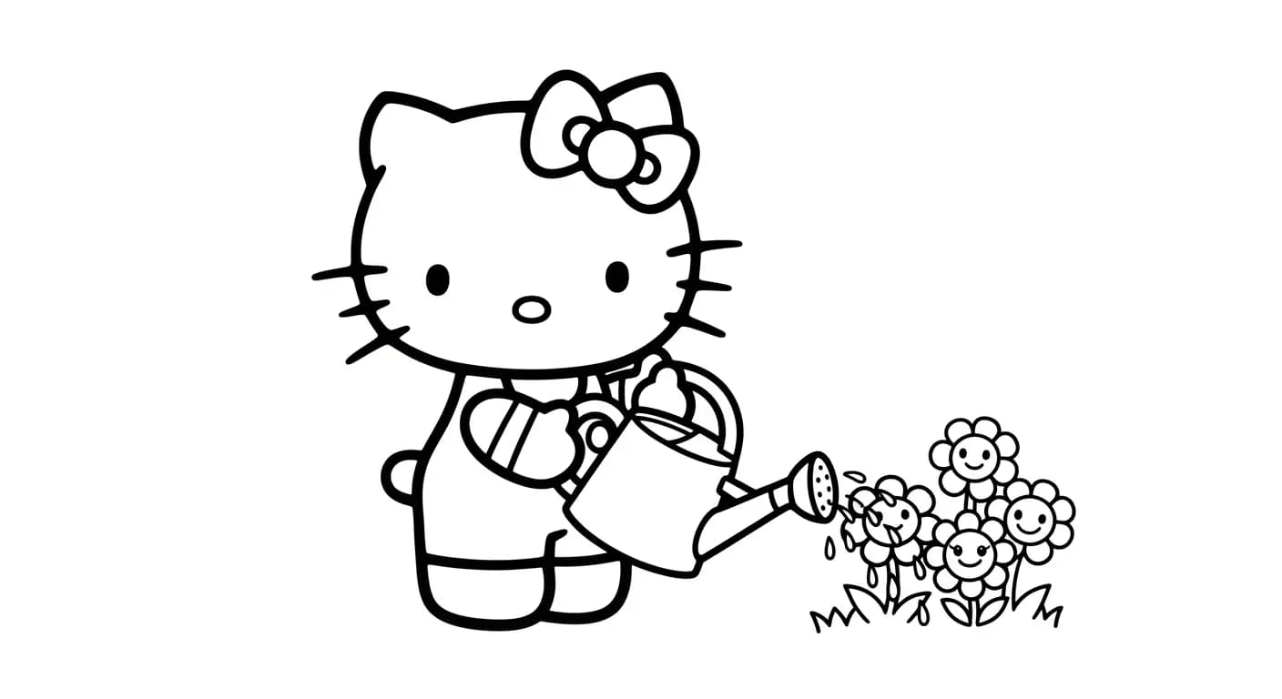 hello kitty Kleurplaat van hello kitty in een vrolijk en creatief thema om zelf in te kleuren.