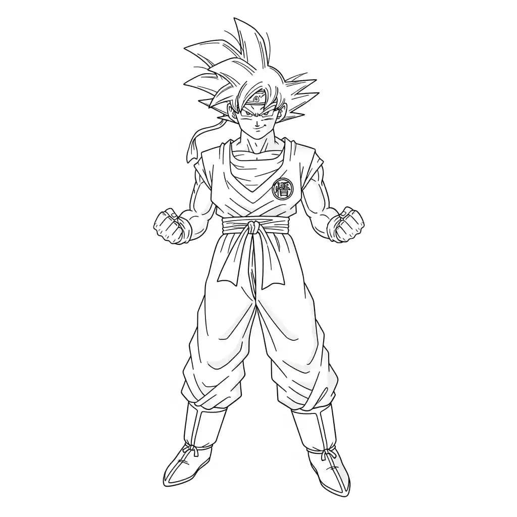 Goku kleurplaat schets kleurplaat van Goku in vechthouding met duidelijke lijnen om in te kleuren