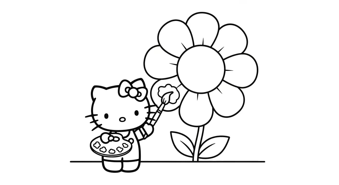 hello kitty Kleurplaat van hello kitty in een vrolijk en creatief thema om zelf in te kleuren.