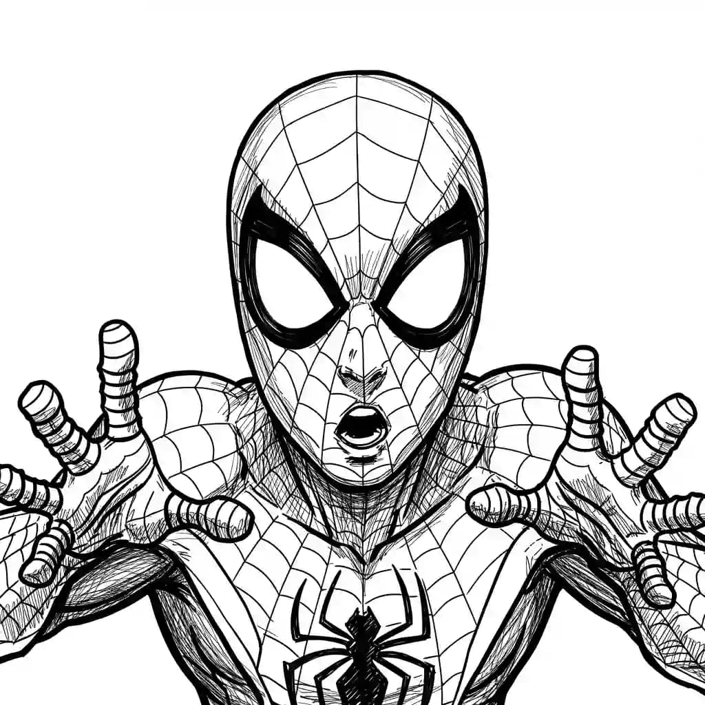 Spiderman Kleurplaat van Spiderman met een stoer superhelden thema om zelf in te kleuren.