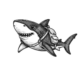 Haai Kleurplaat Kleurplaat van een zwemmende Haai in zwart-wit, klaar om in te kleuren.