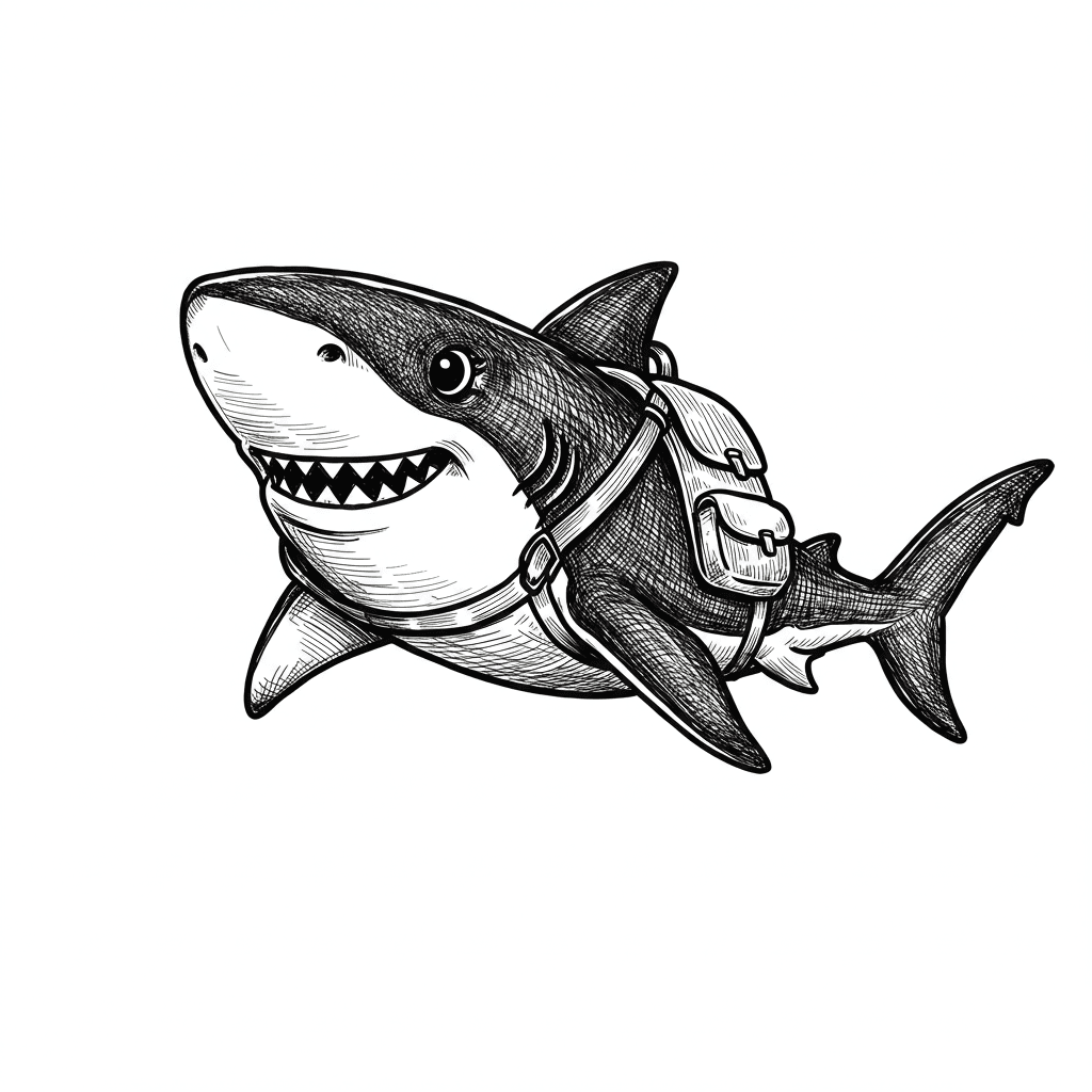 Haai Kleurplaat van een zwemmende Haai in zwart-wit, klaar om in te kleuren.