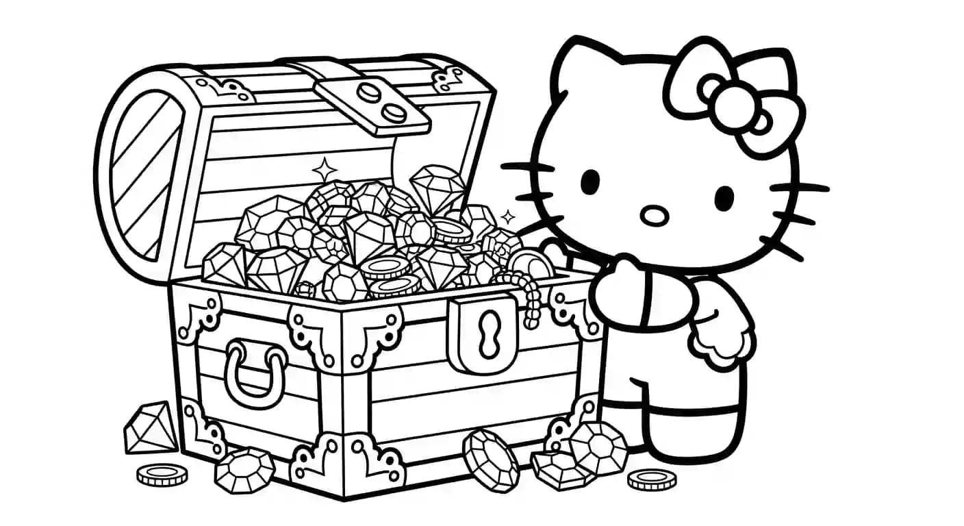 hello kitty Kleurplaat van hello kitty in een vrolijk en creatief thema om zelf in te kleuren.