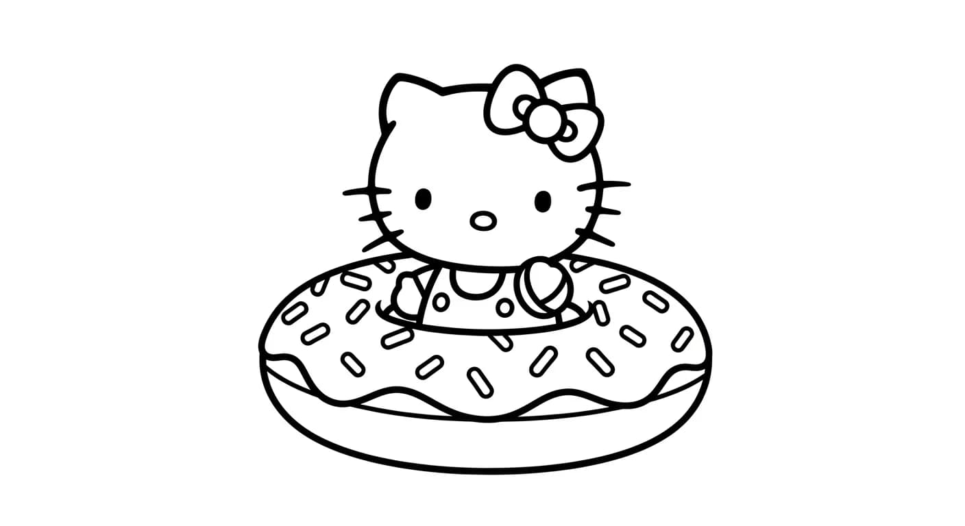 hello kitty Kleurplaat van hello kitty in een vrolijk en creatief thema om zelf in te kleuren.