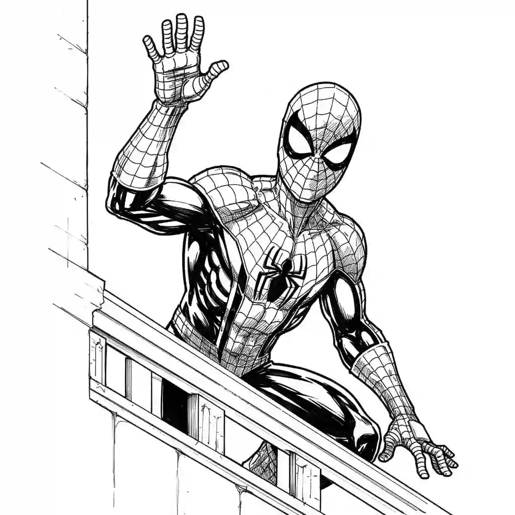 Spiderman Kleurplaat van Spiderman met een stoer superhelden thema om zelf in te kleuren.
