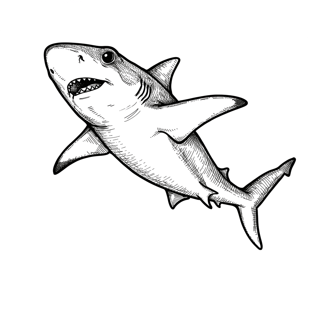 Haai Kleurplaat Zwart-witte kleurplaat van een Haai om zelf in te kleuren.