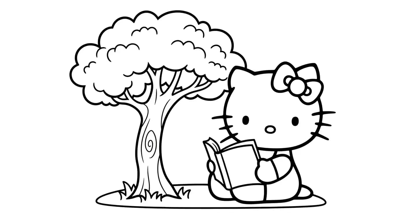hello kitty Kleurplaat van hello kitty in een vrolijk en creatief thema om zelf in te kleuren.