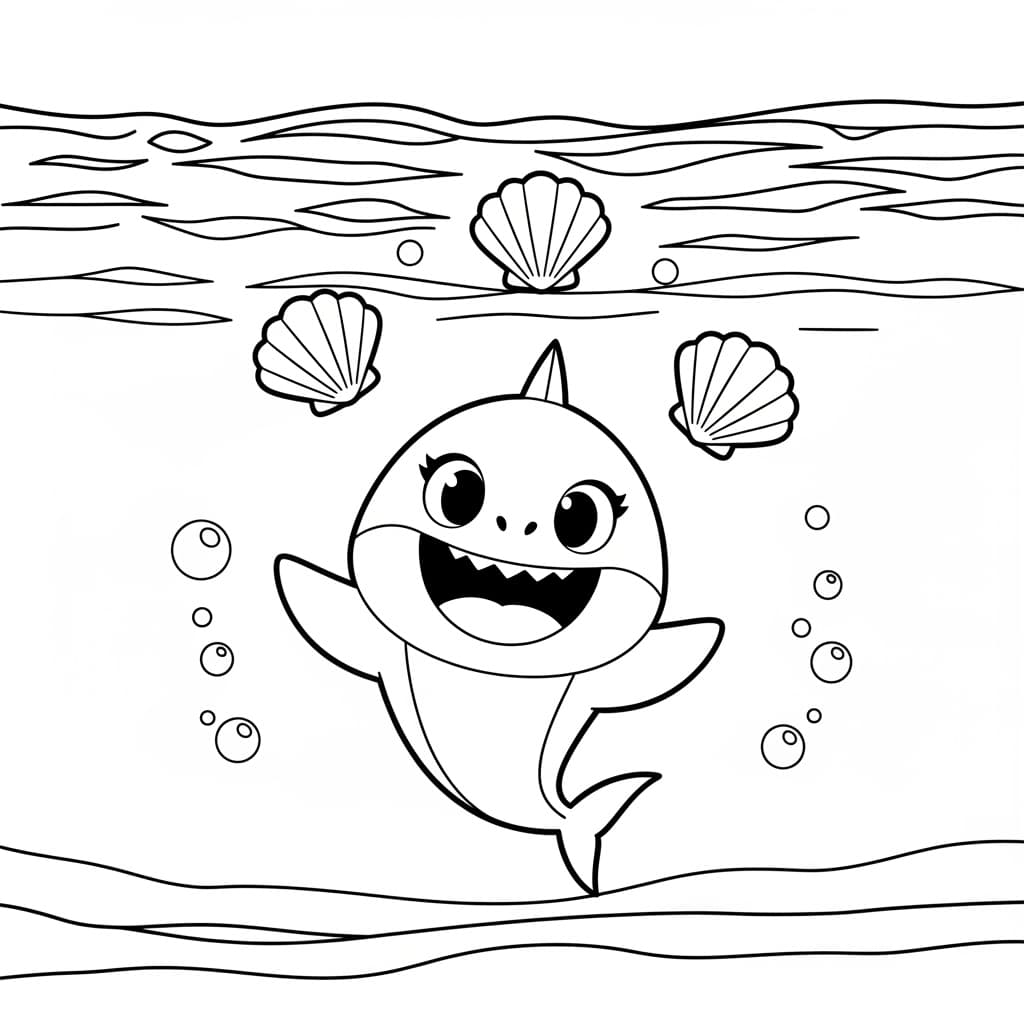 Baby Shark Vrolijke kleurplaat van Baby Shark die kinderen en volwassenen kunnen inkleuren.