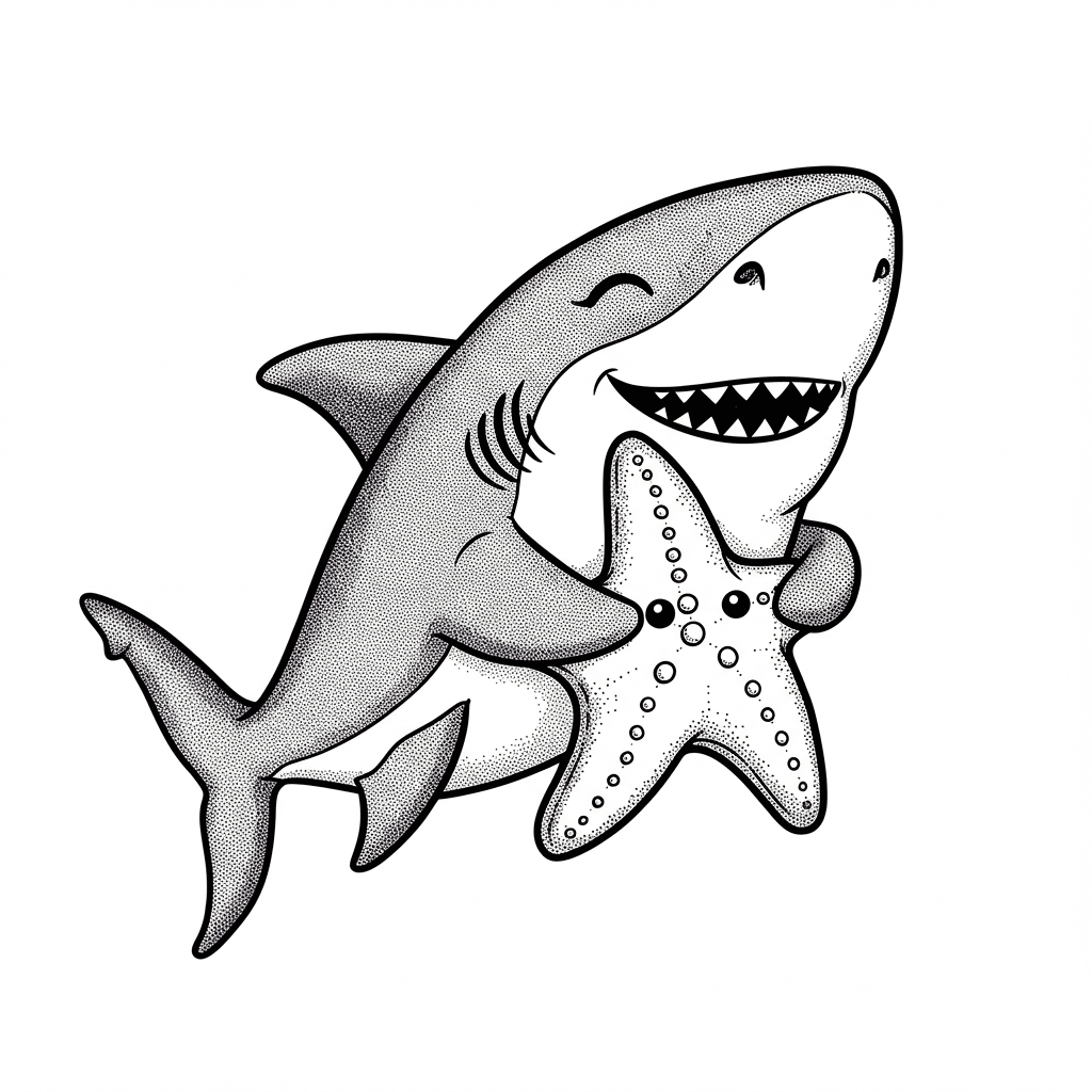 Haai Kleurplaat van een zwemmende Haai in zwart-wit, klaar om in te kleuren.