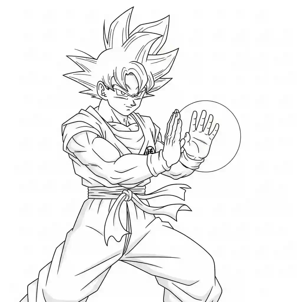 Goku kleurplaat schets kleurplaat van Goku in vechthouding met duidelijke lijnen om in te kleuren