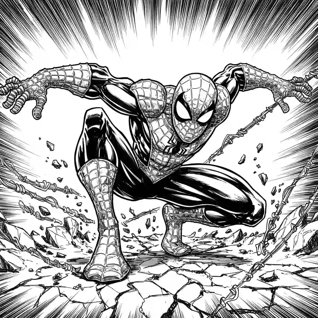 Spiderman Kleurplaat van Spiderman met een stoer superhelden thema om zelf in te kleuren.