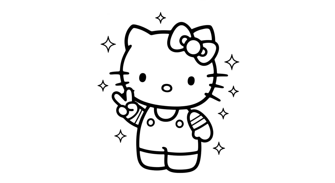 hello kitty Kleurplaat van hello kitty in een vrolijk en creatief thema om zelf in te kleuren.