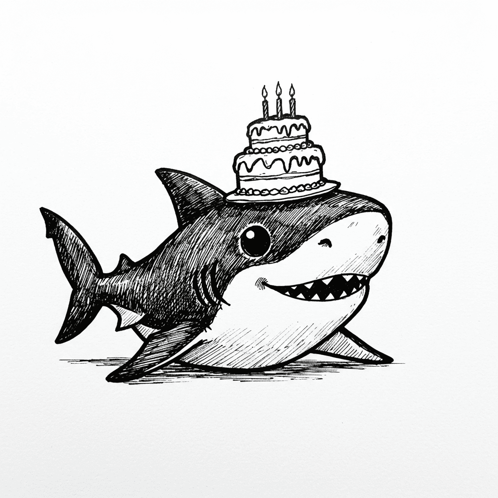 Haai Kleurplaat van een zwemmende Haai in zwart-wit, klaar om in te kleuren.