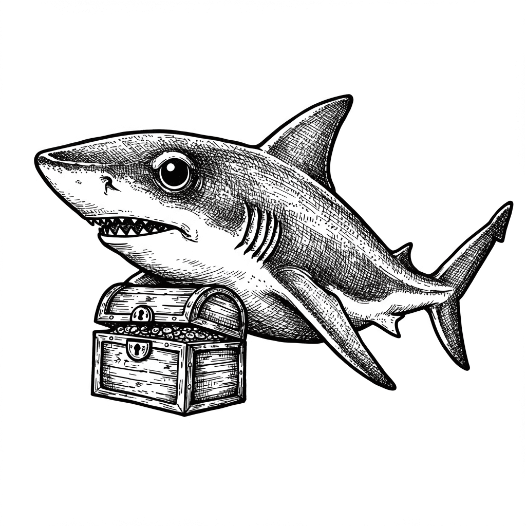 Haai Kleurplaat van een zwemmende Haai in zwart-wit, klaar om in te kleuren.