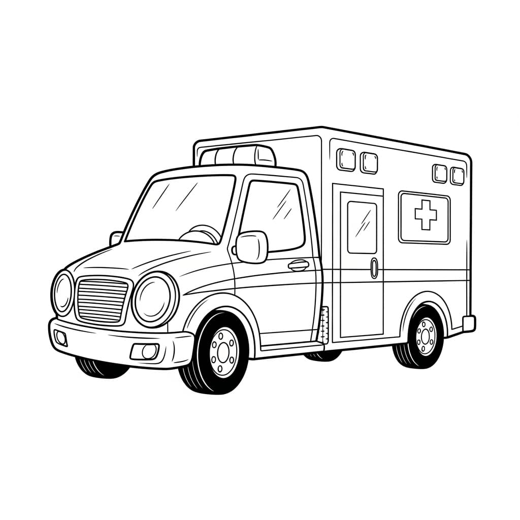 Ambulance Zwart-witte tekening van een ambulance om gratis te downloaden en in te kleuren.