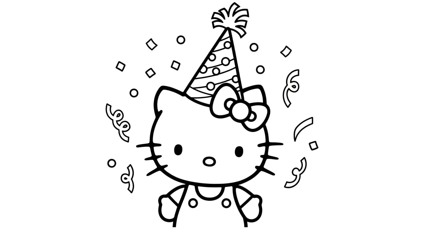 hello kitty Kleurplaat van hello kitty in een vrolijk en creatief thema om zelf in te kleuren.