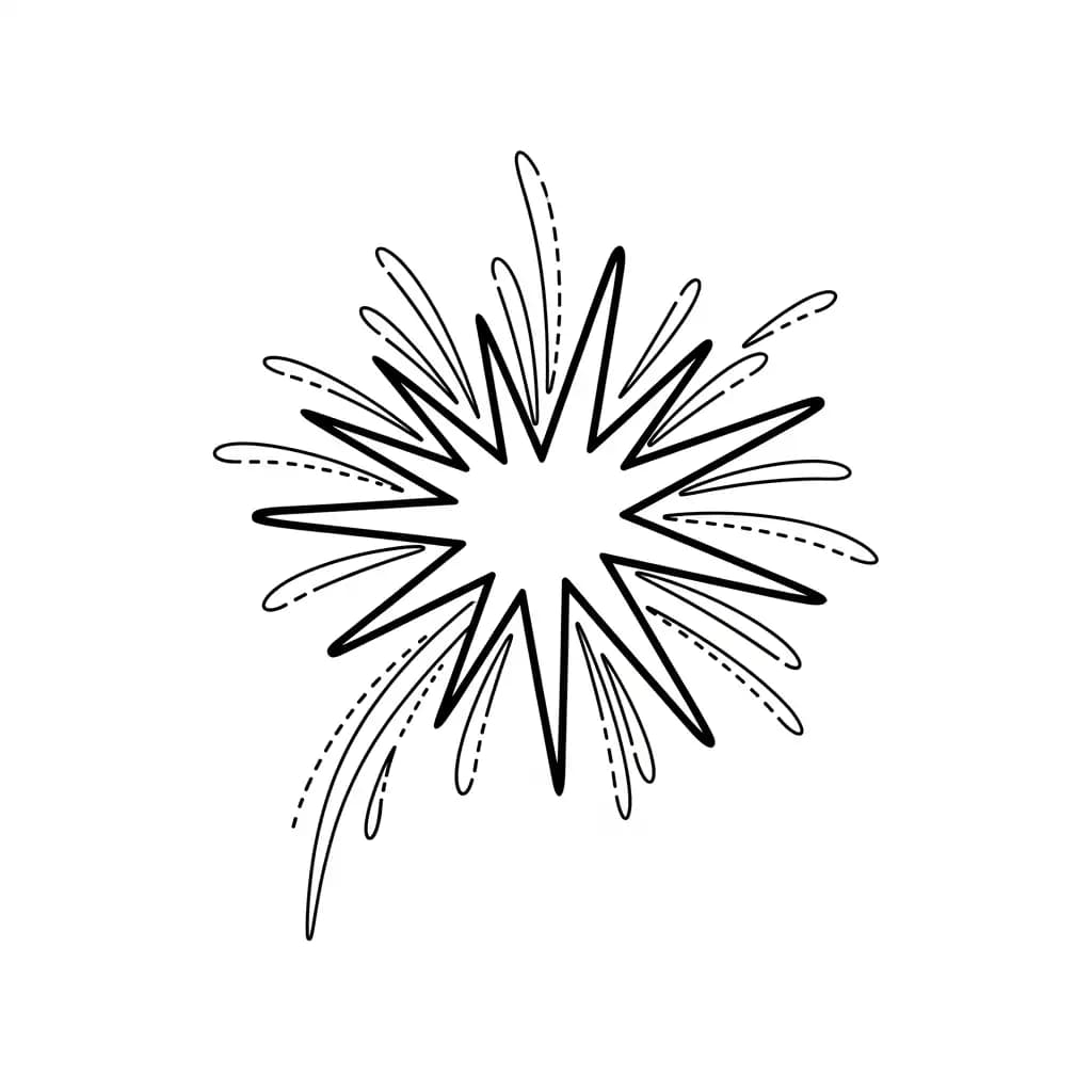 Vuurwerk Een vrolijke kleurplaat van vuurwerkexplosies met verschillende vormen en patronen.