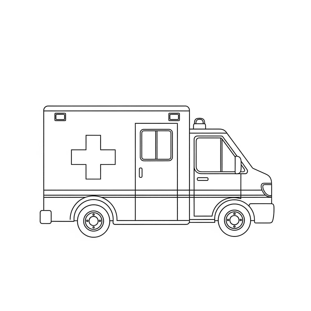 Ambulance Zwart-witte tekening van een ambulance om gratis te downloaden en in te kleuren.