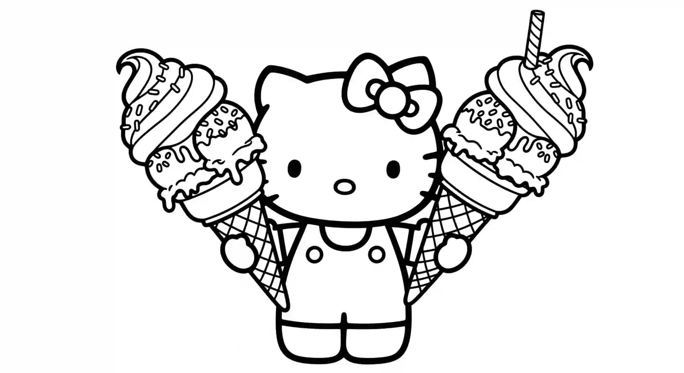 hello kitty Kleurplaat van hello kitty in een vrolijk en creatief thema om zelf in te kleuren.