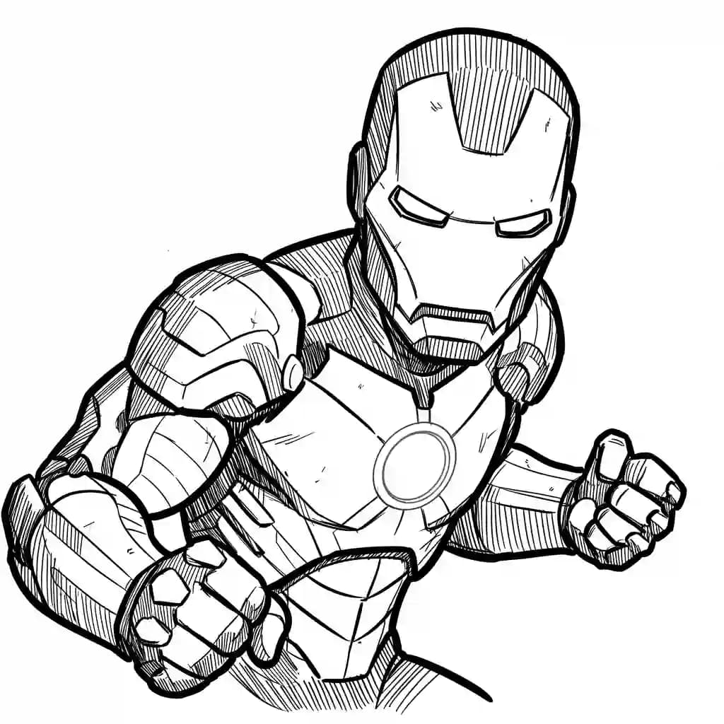Iron Man Gratis kleurplaat van Iron Man in actie, leuk om zelf te printen en in te kleuren.