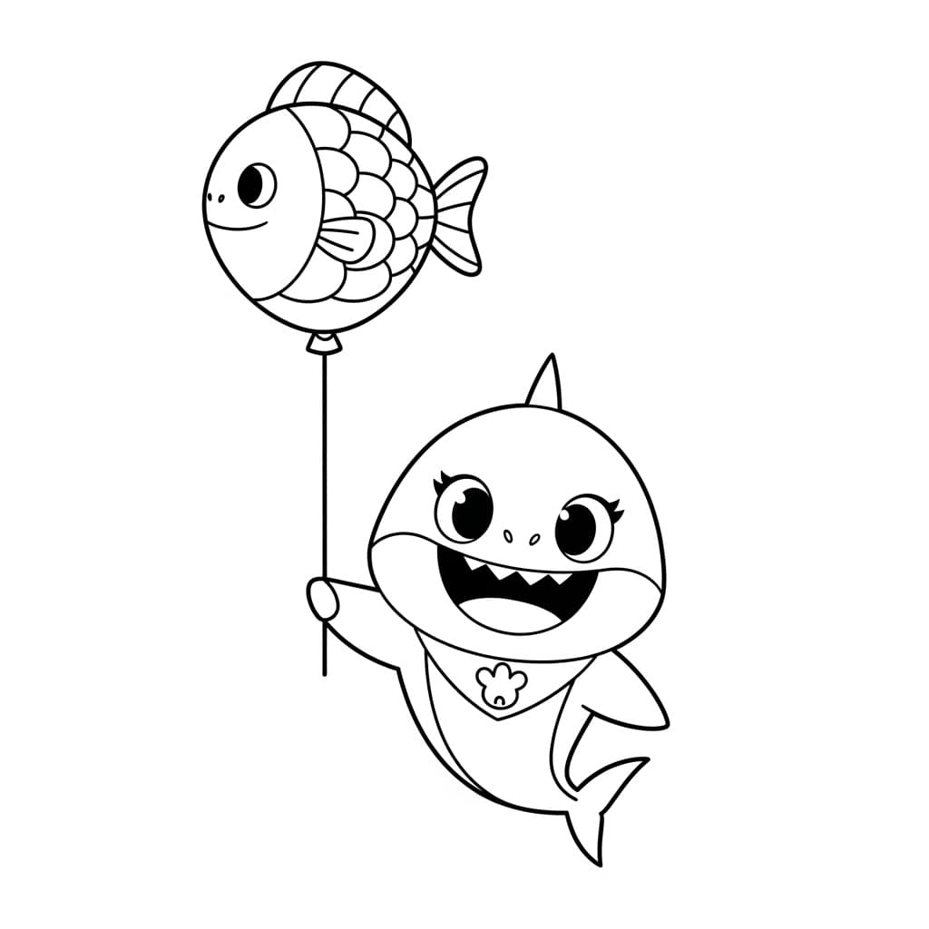 Baby Shark Vrolijke kleurplaat van Baby Shark die kinderen en volwassenen kunnen inkleuren.