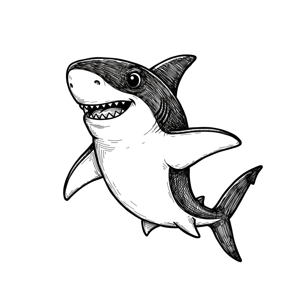 Haai Kleurplaat Zwart-witte kleurplaat van een Haai om zelf in te kleuren.