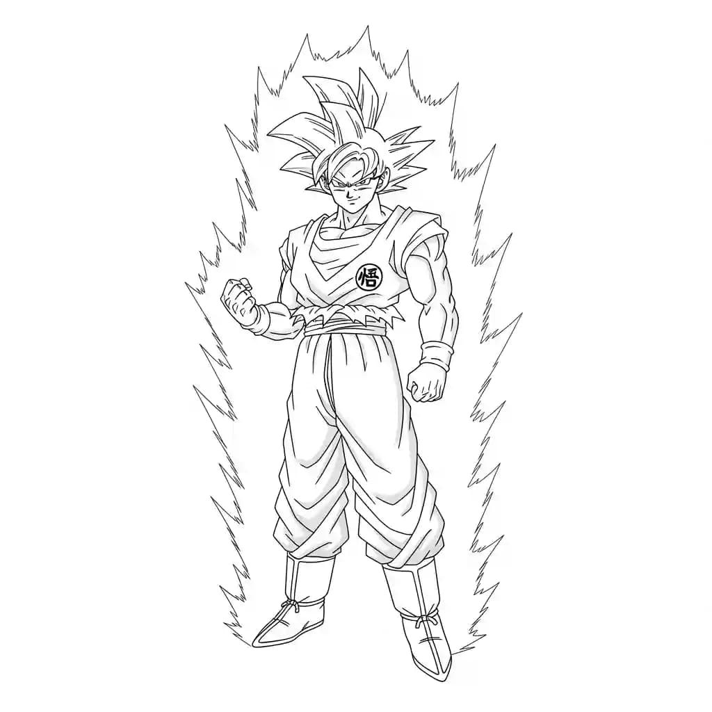 Goku kleurplaat schets kleurplaat van Goku in vechthouding met duidelijke lijnen om in te kleuren