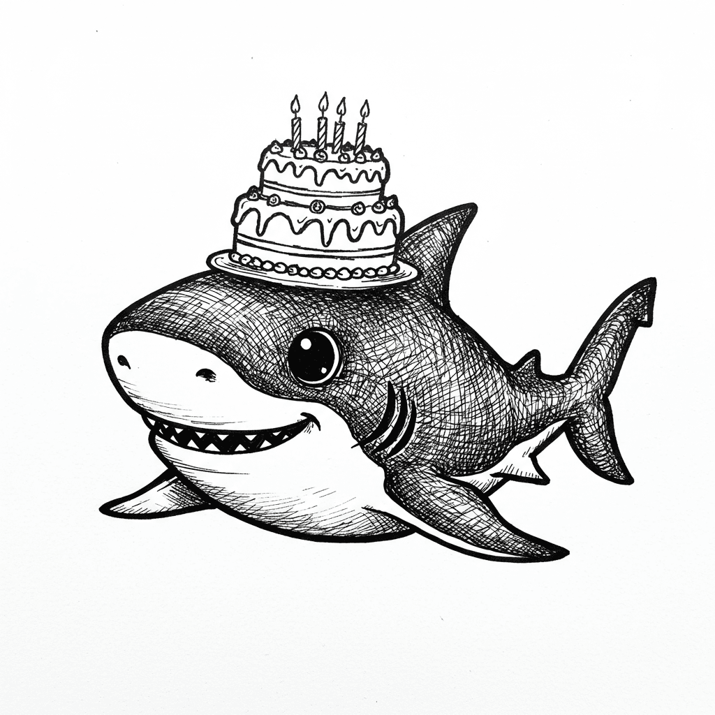 Haai Kleurplaat van een zwemmende Haai in zwart-wit, klaar om in te kleuren.